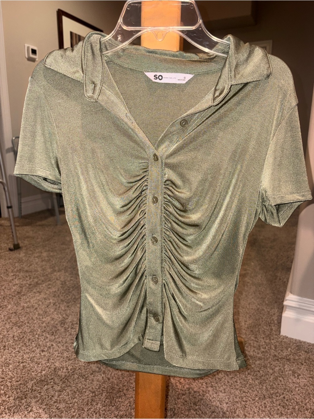 SO Olive Green Ruched Button-Front Short Sleeve Top